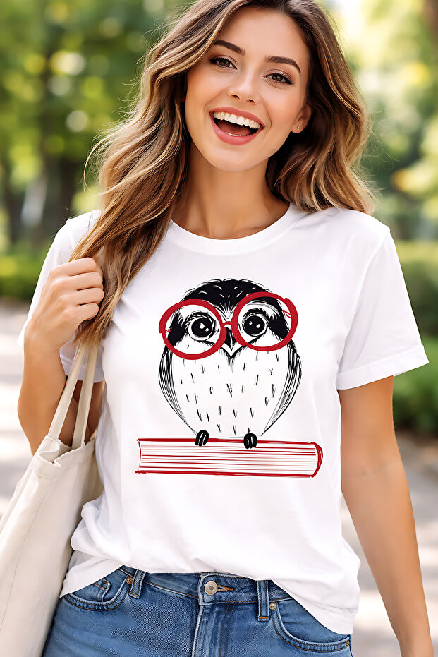 Glasses-Wearing Owl Printed Cotton Relaxed Fit Round Neck Unisex T-Shirt