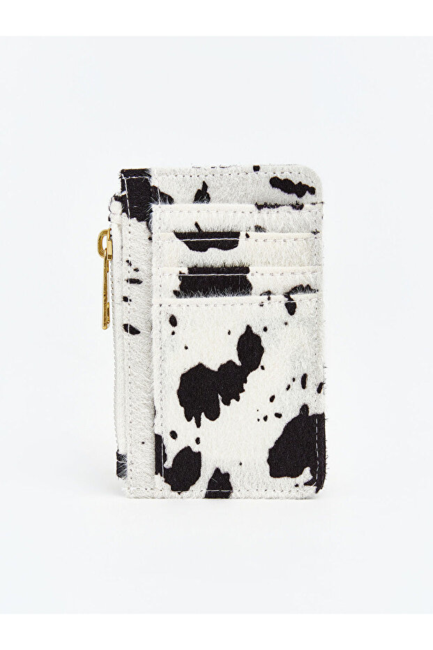 Ecru patterned zippered women's card wallet
