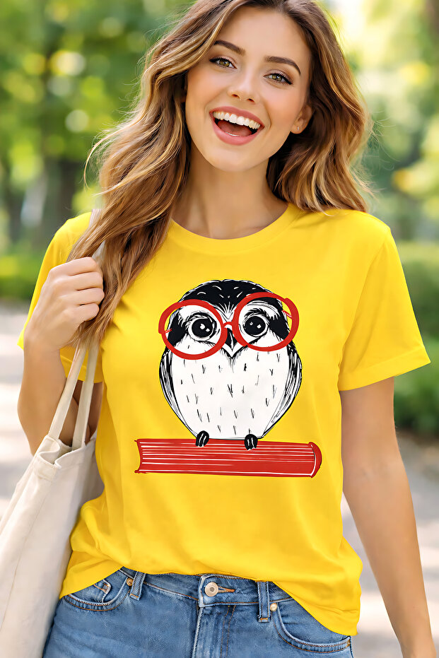Glasses-Wearing Owl Printed Cotton Relaxed Fit Round Neck Unisex T-Shirt
