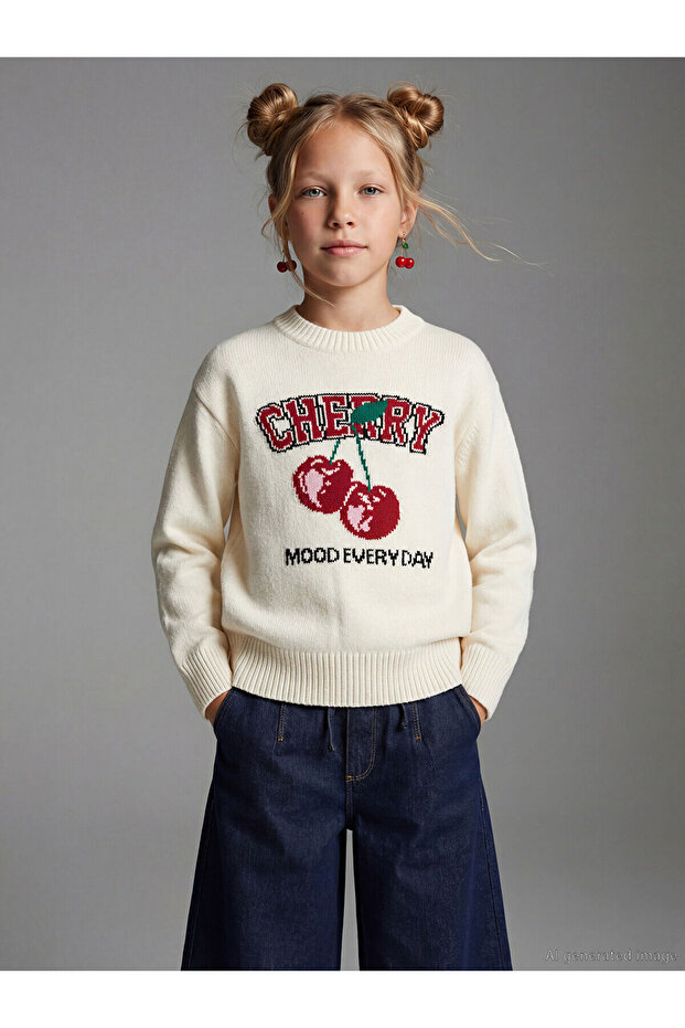 Crew Neck Patterned Girl's Knitwear Sweater