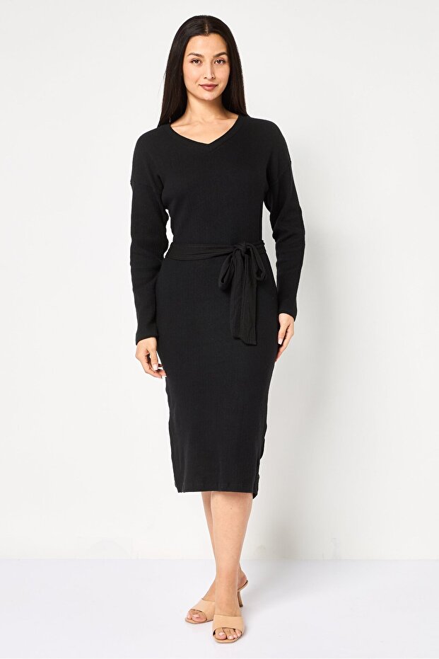 Women Textured Belted Midi Dress, Black