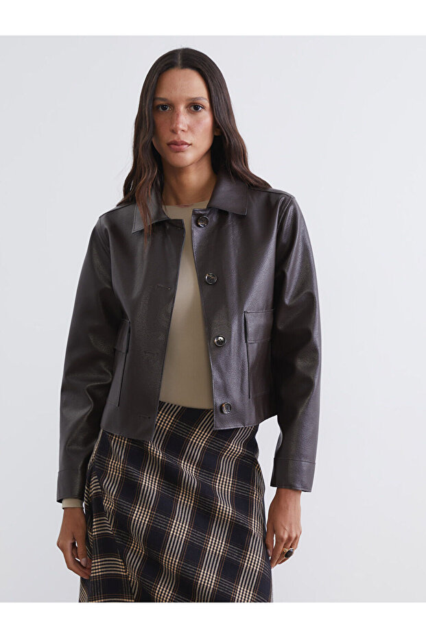Nevavm Shirt Collar Women's Leather Look Jacket with a Difference