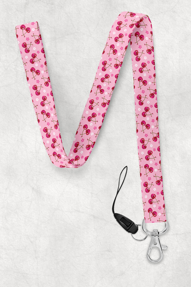 Pink Cherries Neck Strap, Neck Strap Lanyard, Card and Phone Holder - Bas074