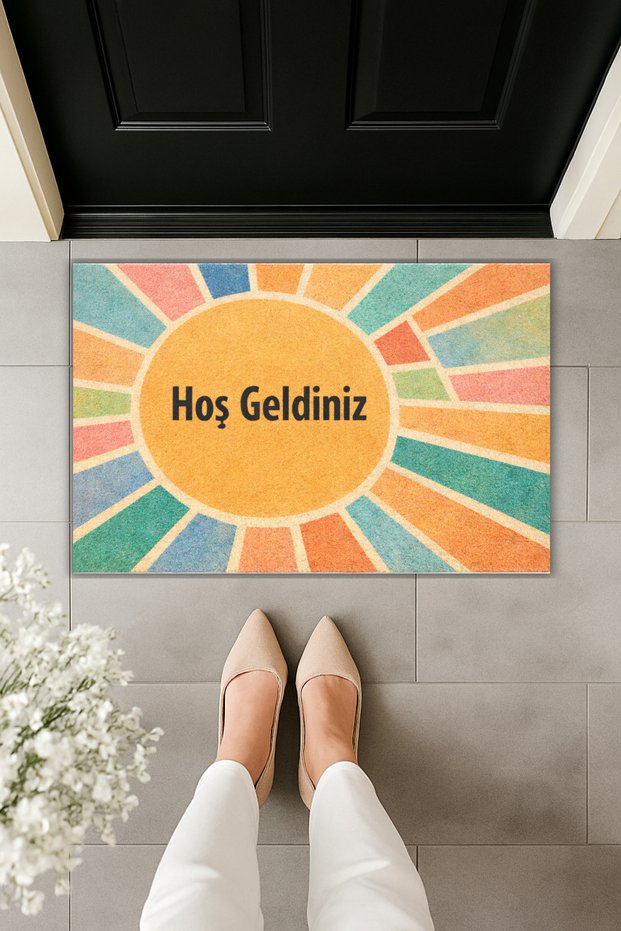 Modern Digital Printing - Colorful Sun Pattern Welcome - Front Door Mat