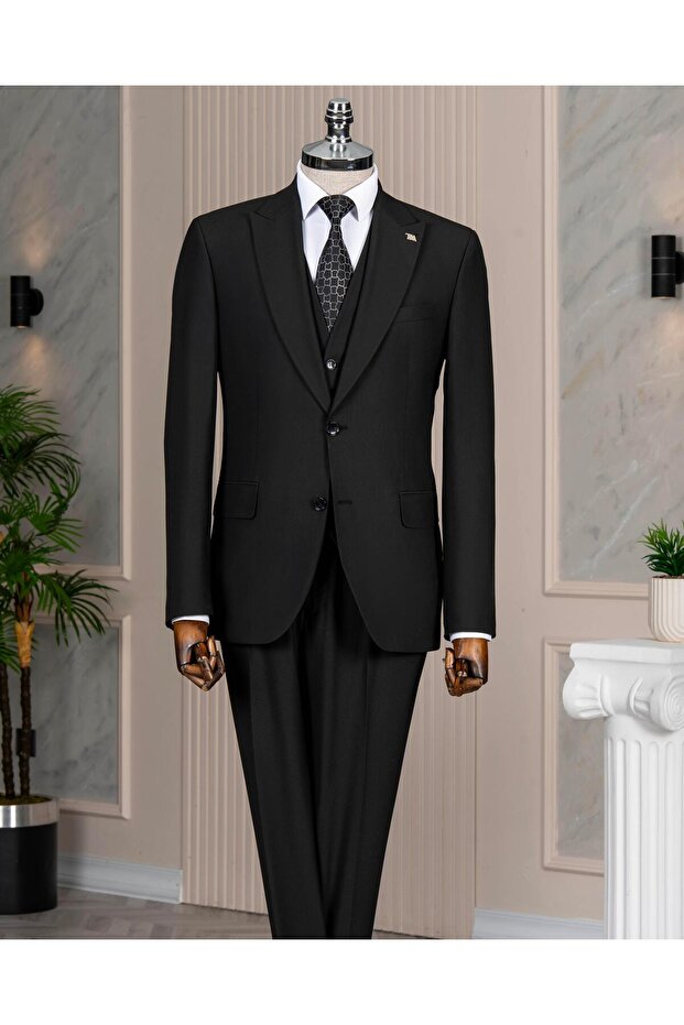 Italian Style S Slim Fit Peaked Lapel Jacket Vest Pants Suit Black T15059