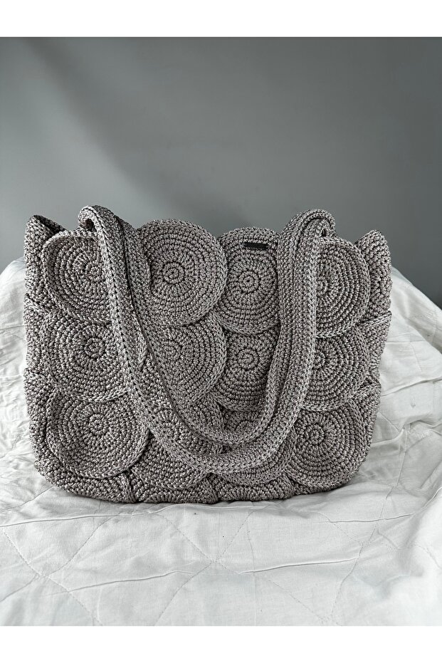 Women's Beige Glitter Macrame Hand-Knitted Snap-On Shoulder Bag Width 35 cm Length 27 cm Depth 7 cm
