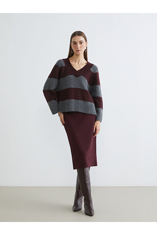 Özmarka New Season Elastic Waist Slit Knit Skirt