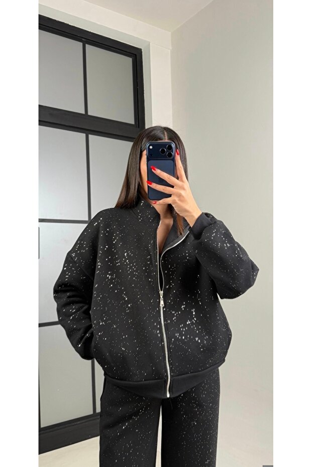 Simli Fermuarlı Sweatshirt - 1