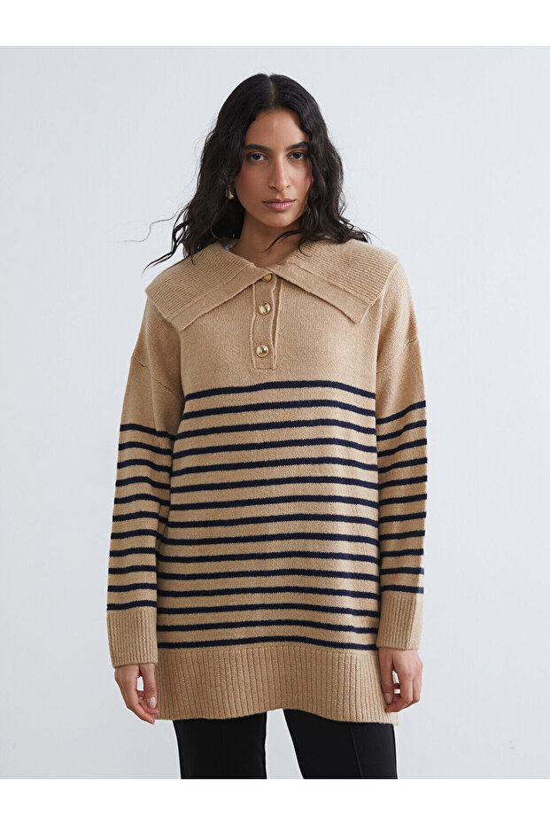 Beige polo neck striped women's knit sweater