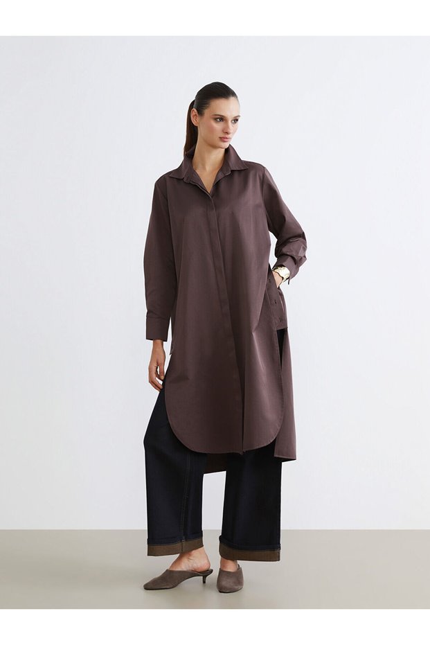 Alita City Farkıyla Soulife Brown Plain Loose & Baggy Women's Shirt Tunic