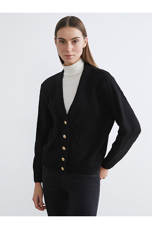 Black V-Neck Self-Patterned Women's Knitwear Cardigan
