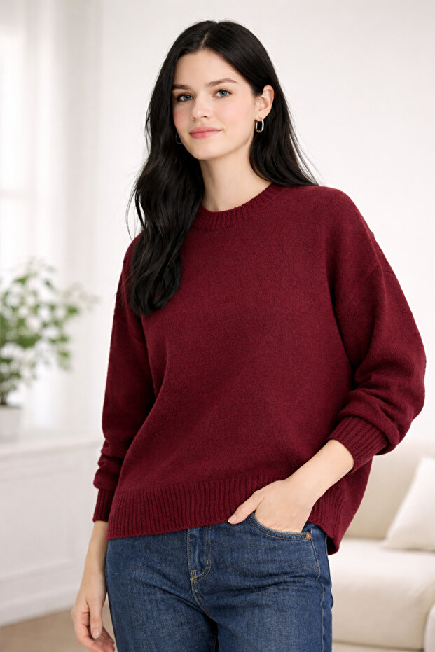 Claret Red Oversized Crew Neck Knitwear Women's Sweater
