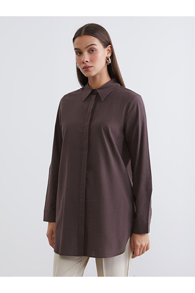 Brown textured women's shirt tunic from gülis store