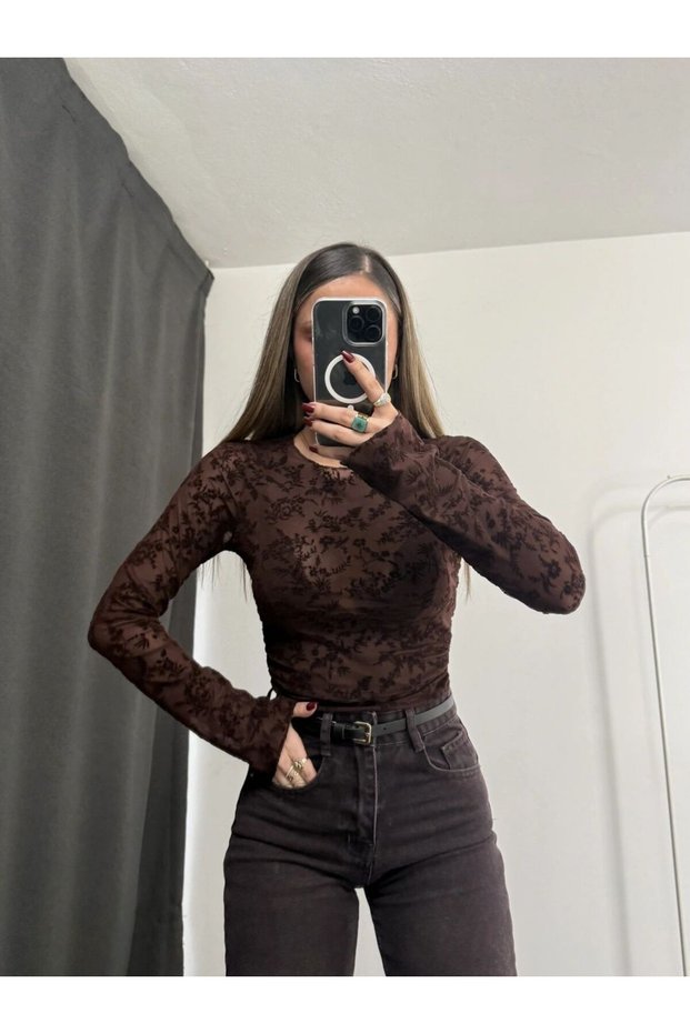 Women's Brown Patterned Transparent Tulle Blouse - Long Sleeve Lace Detail Cropped/Slim Fit Bodysuit