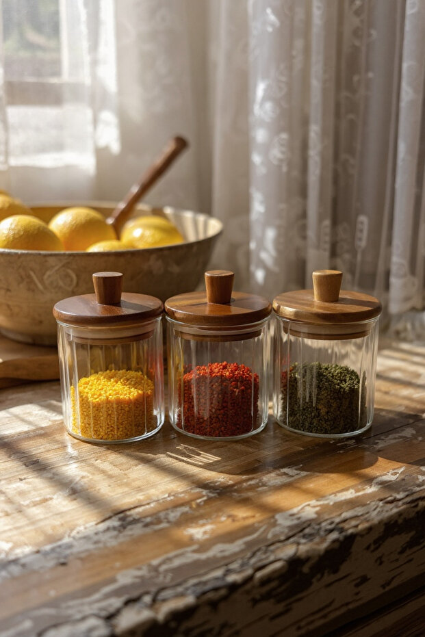 Set of 3 Acacia Lid Glass Jars 250 ml | Spice Jar – Coffee – Sugar Jar | 12X8 cm