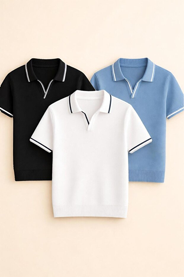 3'lü Premium yaka detaylı Örme Triko Tshirt - 1
