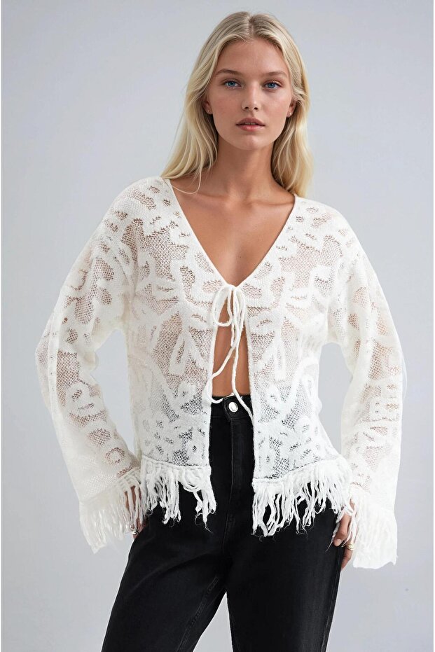 Front tie-up sheer knit cardigan 5199