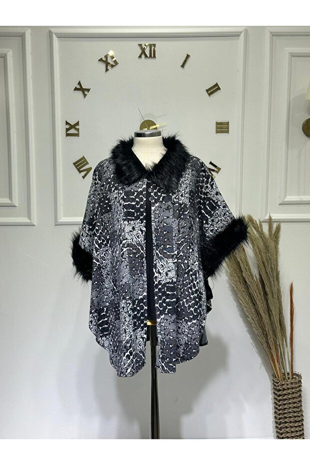 Gray Patterned Women's Poncho with Fur Detail on the Collar and Sleeves