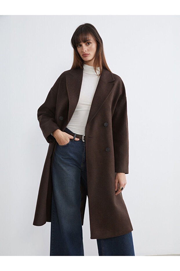 Alita City Lcw Vision Brown Double-Breasted Collar Women's Cashmere Coat with a Difference