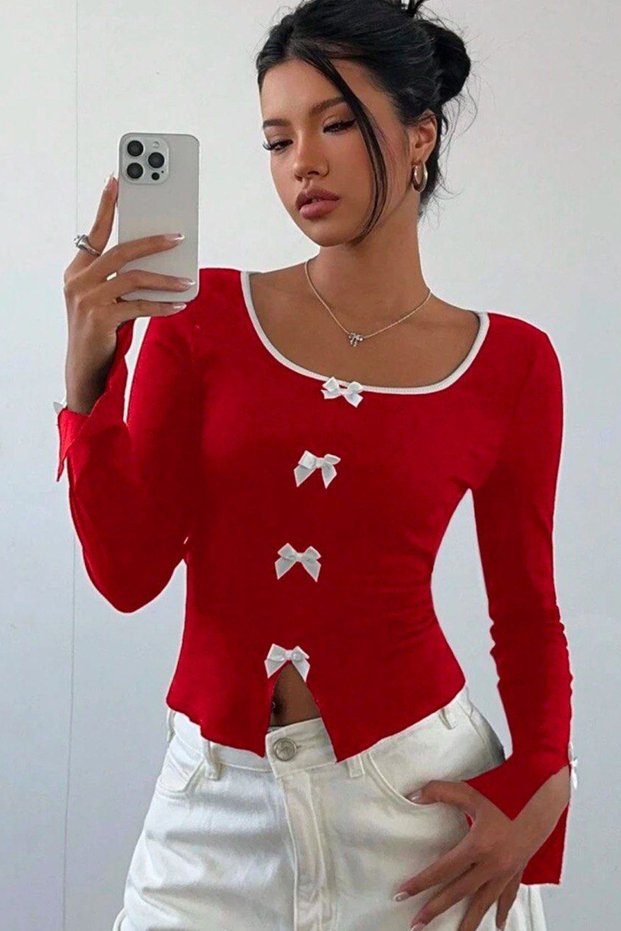 Bow Long Sleeve Colorful Bow Corded Fabric Slit Red Crop Blouse