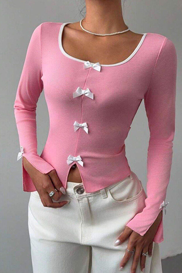 Bow Long Sleeve Colorful Bow Slit Pink Crop Blouse