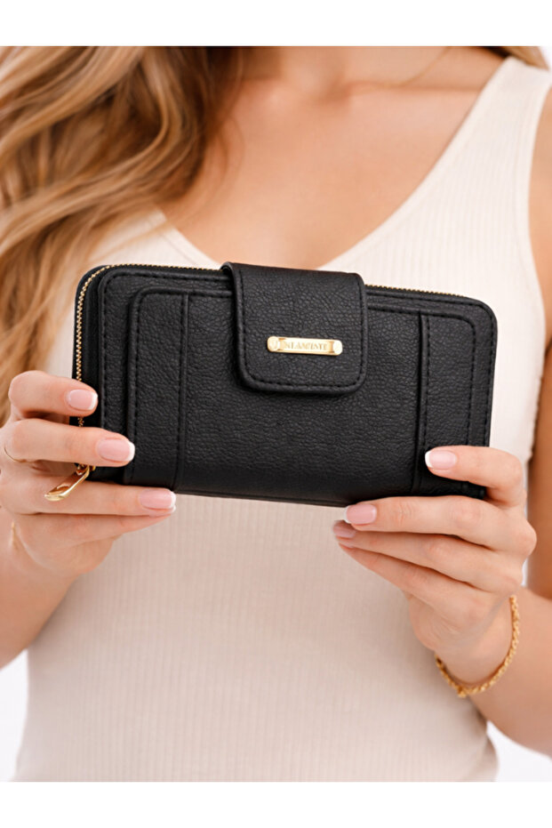 Women's Black Zip-Up Wallet, Leather-Look, Card Holder Compartments, Large, Stylish Clutch Wallet