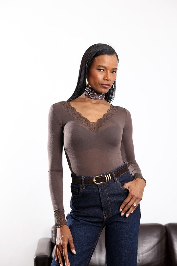 Brown Lace-Trimmed Modal Cashmere Long Sleeve Blouse