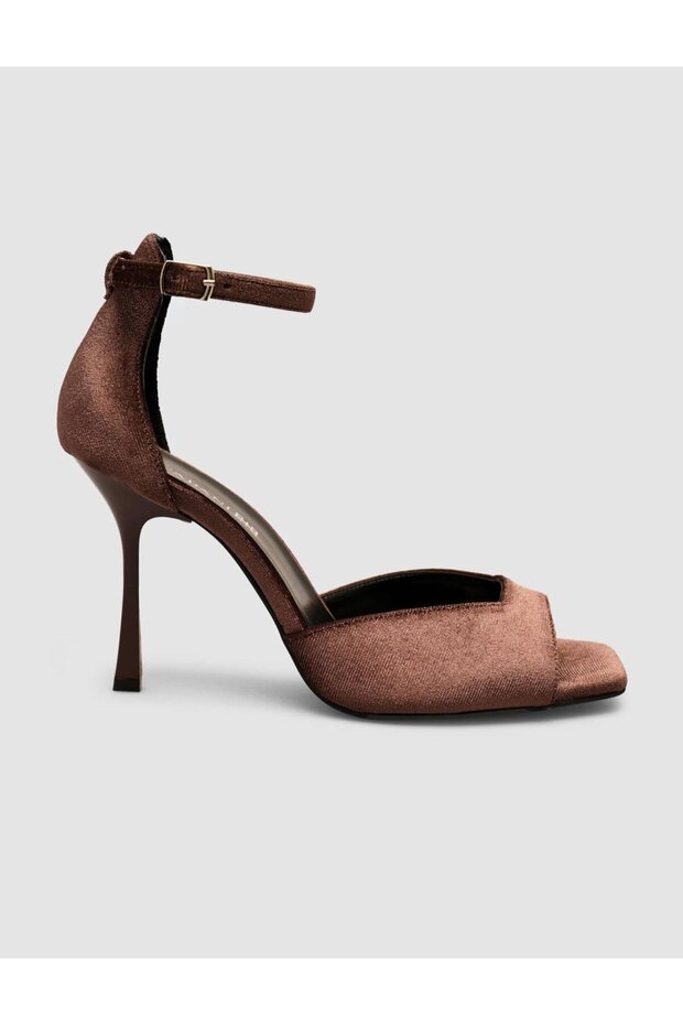 Dark Brown Velvet Ankle Buckle Heeled Women's Shoes