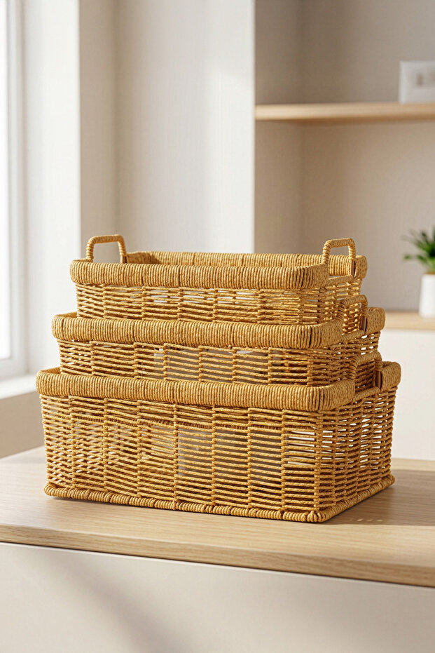 3'lü Hasır Rattan Organizer Sepet - BB6064 - 1