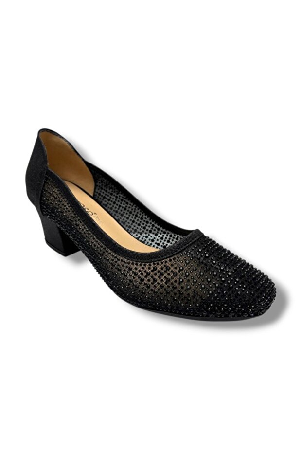 86005-26 Mesh Beaded Stone Thick Heel Women's Shoes