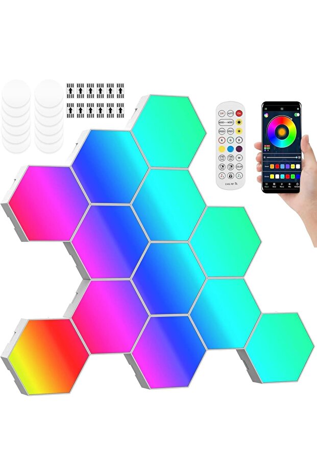 قطع الواح اضاءة ليد سداسية ذكية تعمل بجهاز تحكم وتطبيق، اضاءة العاب RGB مع مزامنة موسيقية 12 قطعة