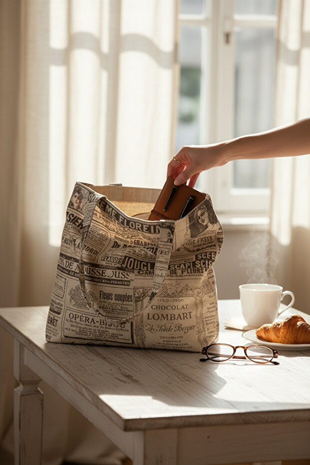 Beige Newspaper Patterned Cloth Bag – Typographic Pattern Design - 7