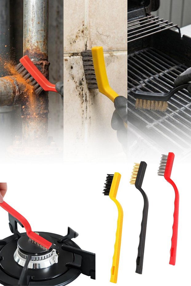 3 Piece Wire Brush Set Steel Brass Nylon Rust Remover Cooker Oven Grill Detail Cleaning