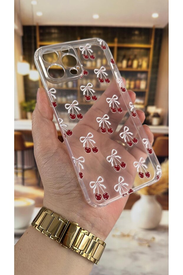iPhone 14 Pro Max Compatible Cherry Patterned Transparent Shock-Absorbing Camera Protected Clear Case - 3