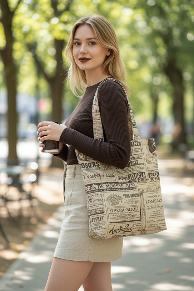 Beige Newspaper Patterned Cloth Bag – Typographic Pattern Design - 6