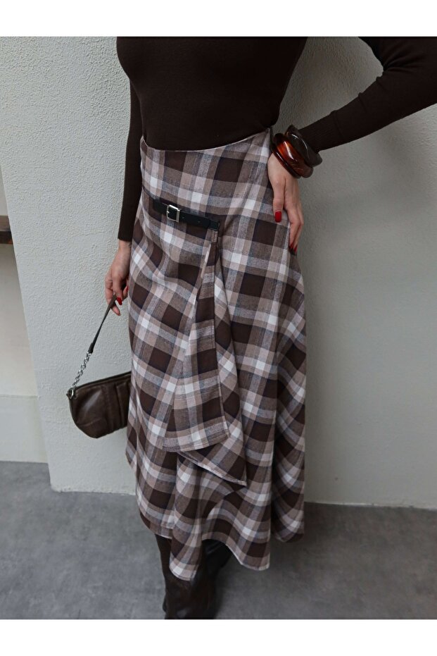 Asymmetrical Belt Detail Plaid Skirt