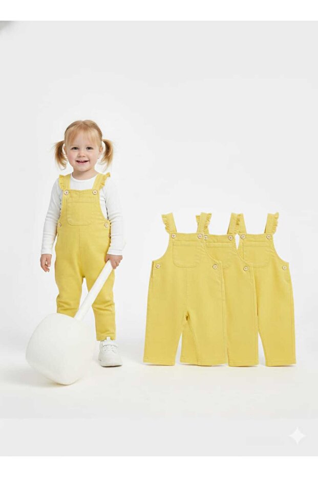 Baby Girl-Child Button Closure Pocketed Side Opening Buttoned Strap Linen Salopet Jumpsuit