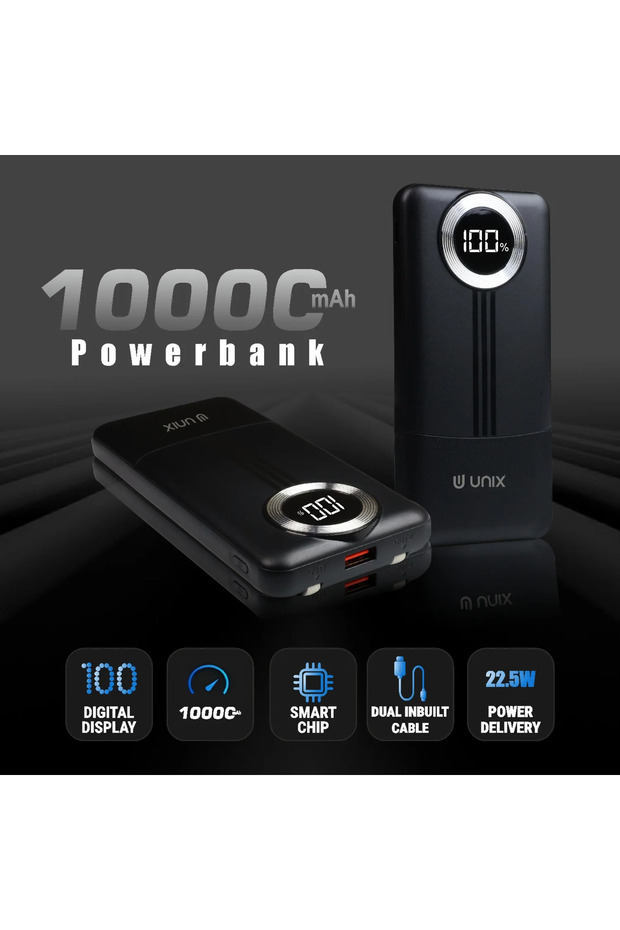 UX-1534 10000mAh Power Bank | 22.5W Fast Charging PD | Dual Inbuilt Type-C & Lightning Cable