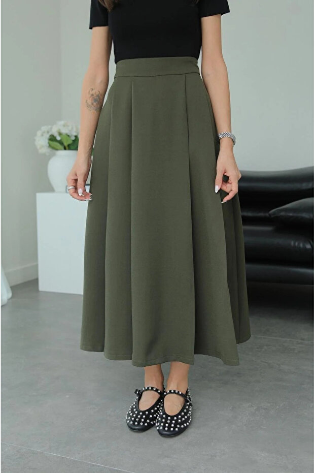 Khaki Flared Midi Skirt - 89402