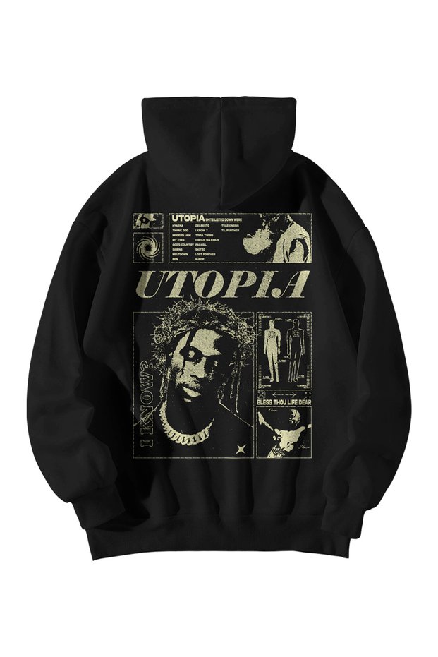 Unisex Cream Oversized Hoodie - Travis Scott Brutalism Printed 3 Thread Sh Fleece-Lined Streetwear Sweatshirt