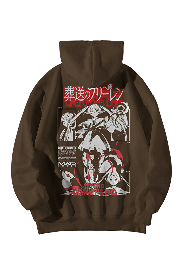 Unisex Brown Oversized Hoodie - Frieren Beyond Journey Anime Printed 3 Thread Ş Fleece-Lined Sweatshirt