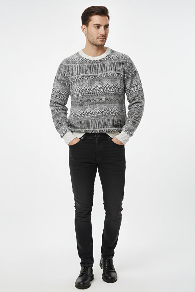 Men's Crew Neck Patterned Sweater - 2