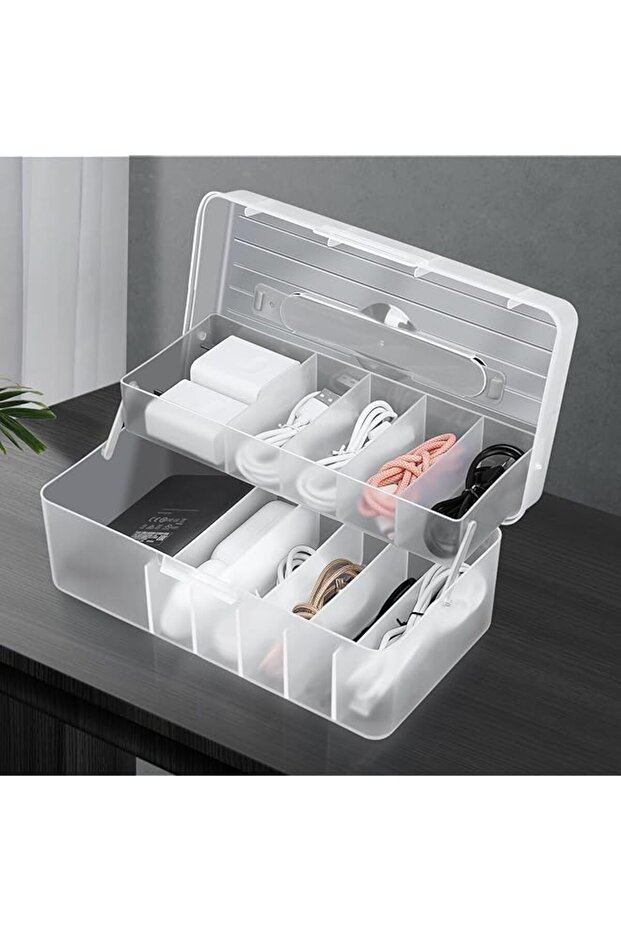 11-Compartment Cord Organizer Box - Large Frosted Clear Cable Storage Case with Lid, Dustproof Elect