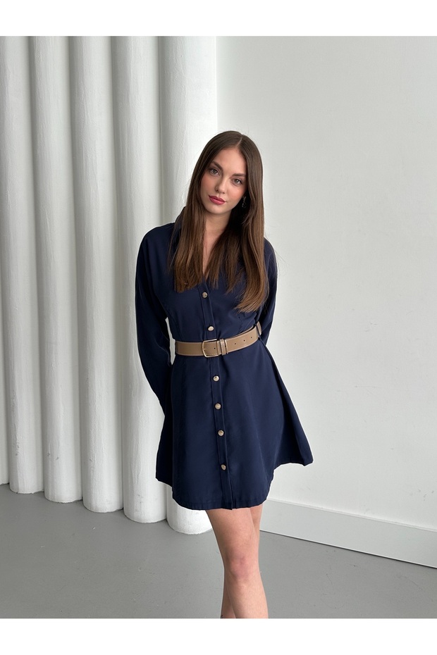 Navy Blue Gold Button Belted Dress - 250367