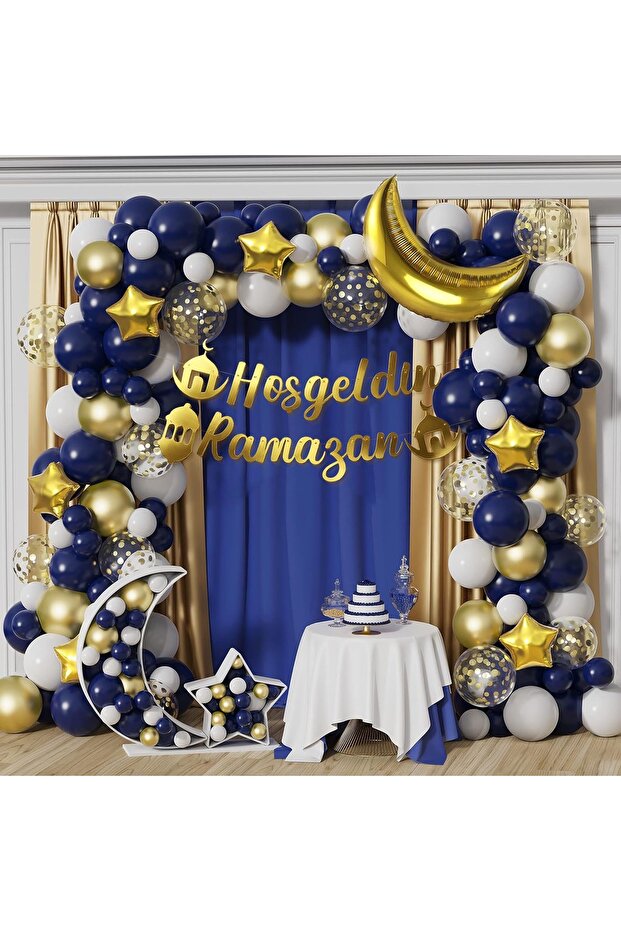 Navy Blue Gold Welcome Ramadan Balloon Chain Set and Welcome Ramadan Sign 107 Pieces