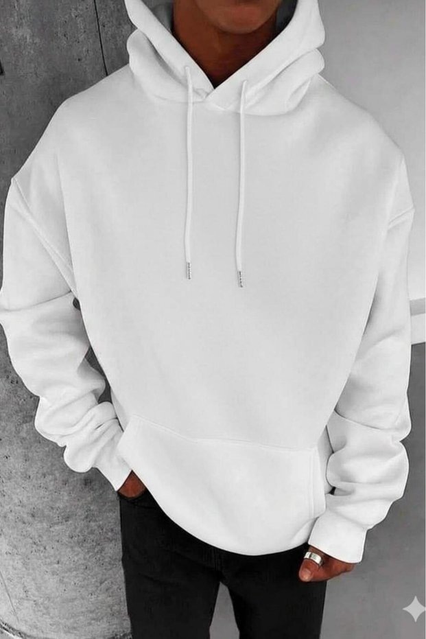 Men's White 3-Thread Combed Cotton Fabric Hooded Sweatshirt