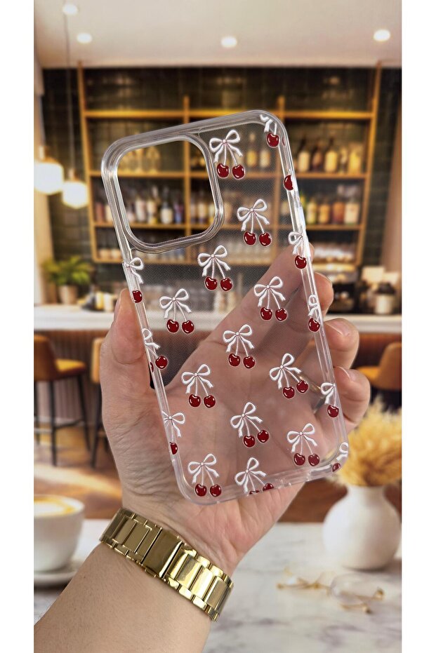 iPhone 15 Compatible Cherry Patterned Transparent Shock-Absorbing Camera Protected Clear Case - 1