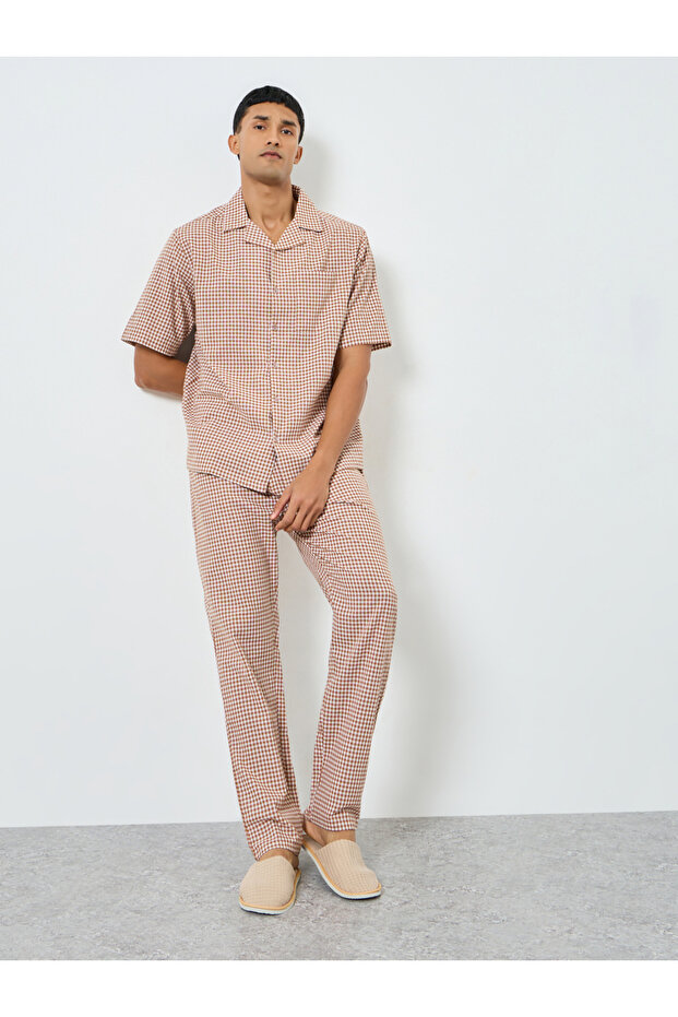 Men Gingham Print Buttoned Shirt and Pyjama Set