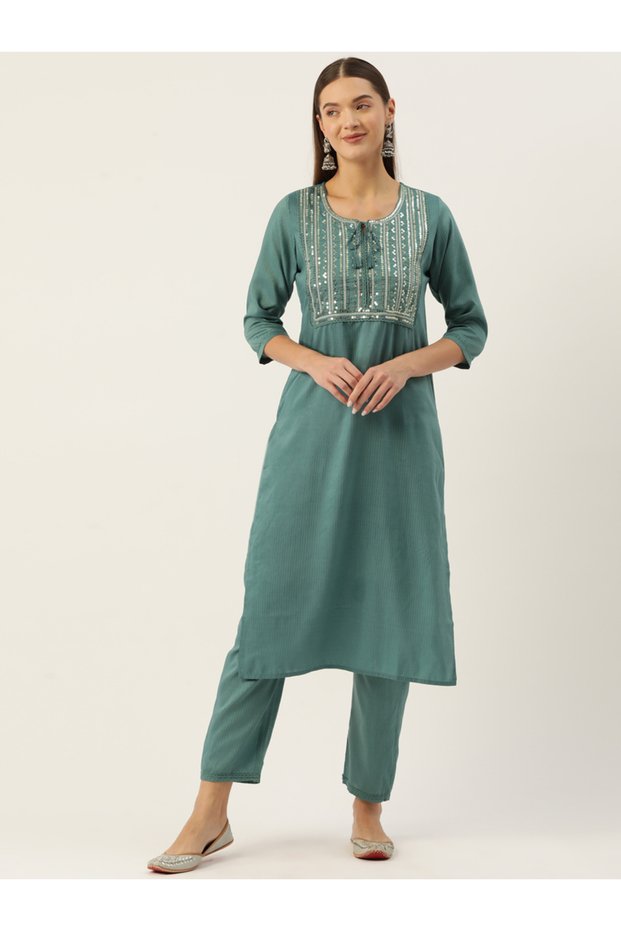 Women Green Sequined Kurta with Trousers Set