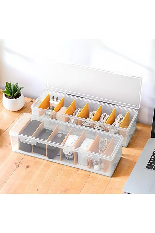 2 Pack Transparent Cable Organizer Box with Lid, Adjustable Dividers, Durable Plastic Cord Storage f